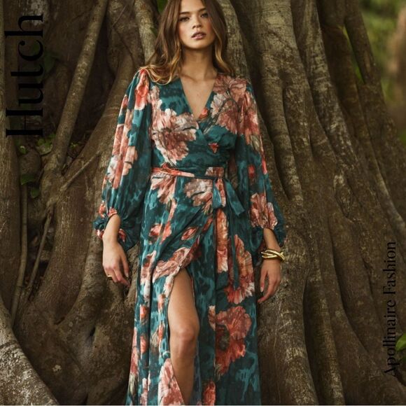 HUTCH FOR ANTHROPOLOGIE LINDIE WRAP MAXI DRESS LARGE PETITE FLORAL GREEN COMBO - Picture 3 of 9
